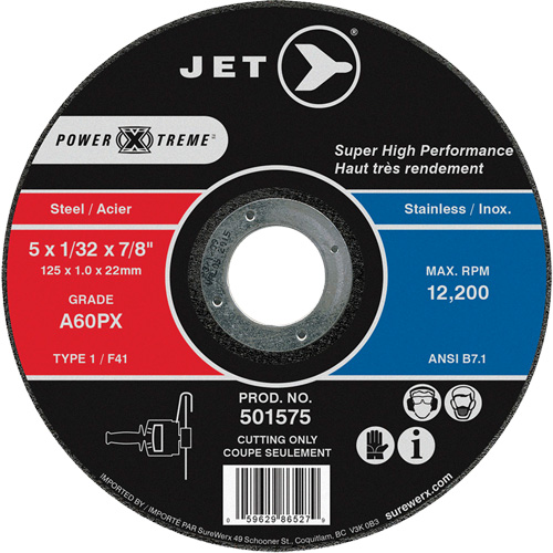 A60PX Power-Xtreme Cut-Off Wheel, 5" x 1/32", 7/8" Arbor, Type 1, 12200 RPM Mukwa Safety Services