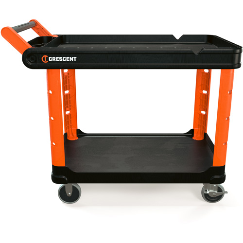 Chariot utilitaire industriel &agrave; 2 tablettes RAILWORKS avec roulettes dures de 5", 47" lo x 24-1/2" la x 34" h, Noir/Orange Mukwa Safety Services