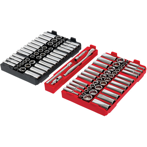Jeu de cliquets et douilles m&eacute;triques/SAE avec organisateur PACKOUT &agrave; profil bas, 98 Mcx, Prise de 3/8" Mukwa Safety Services