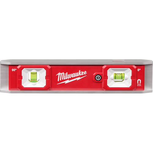 Torpedo Level with Lighted Vials, 9" L, Aluminum, 2 Vials, Magnetic Mukwa Safety Services