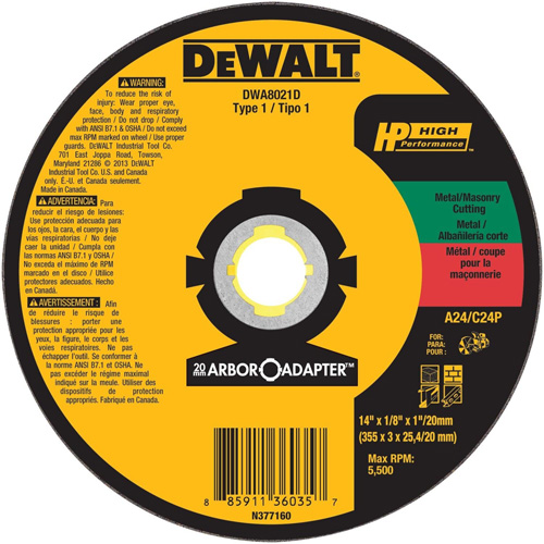 High Performance Cutting Wheel for Circular Saws, 14" x 1/8" Arbor, Aluminum Oxide Mukwa Safety Services