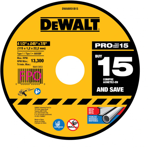 Meule &agrave; tronçonner pour meuleuse angulaire, 4-1/2" x 0,045", Arbre de 7/8", Type 1, Oxyde d'aluminium Mukwa Safety Services