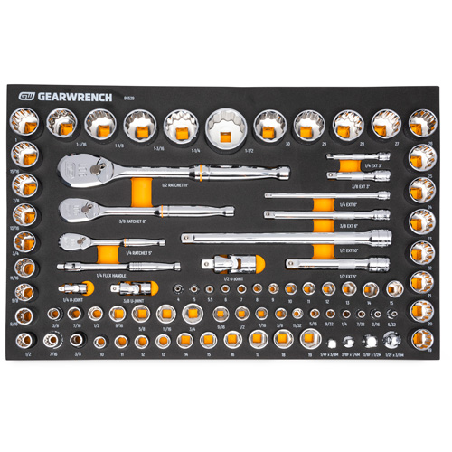 Jeu d'outils SAE/m&eacute;triques pour m&eacute;canicien &agrave; 90 dents 1/4", 3/8" & 1/2" avec plateau de rangement en mousse Mukwa Safety Services