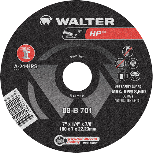 Meule HP &agrave; moyeu d&eacute;port&eacute;, 7" x 1/4", Arbre de 7/8", Type 28 Mukwa Safety Services