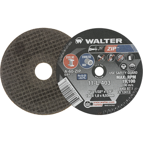 Zip Cut-Off Wheel, 4" x 1/32", 3/8" Arbor, Type 1, Aluminum Oxide, 19100 RPM Mukwa Safety Services