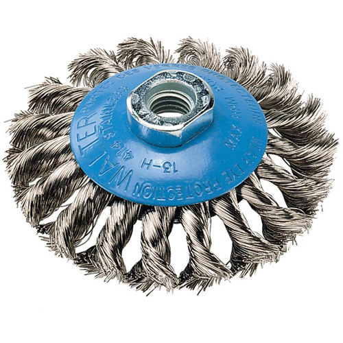 Knot-Twisted Saucer Cup Wire Wheel, 5" Dia., 0.02" Fill, 5/8"-11 Arbor, Aluminum/Stainless Steel Mukwa Safety Services