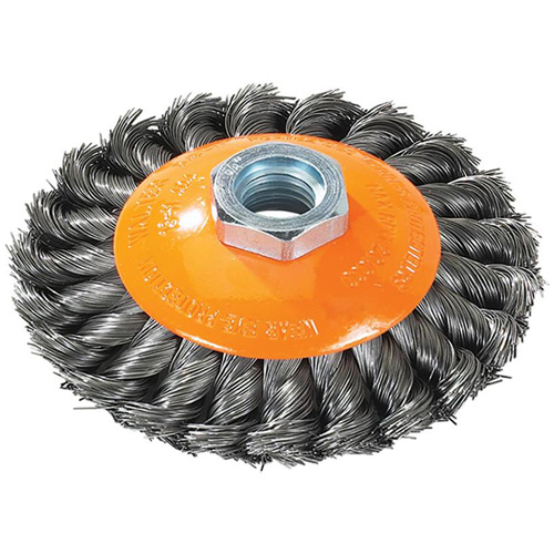 Knot-Twisted Saucer Cup Wire Wheel, 7" Dia., 0.02" Fill, 5/8"-11 Arbor, Steel Mukwa Safety Services