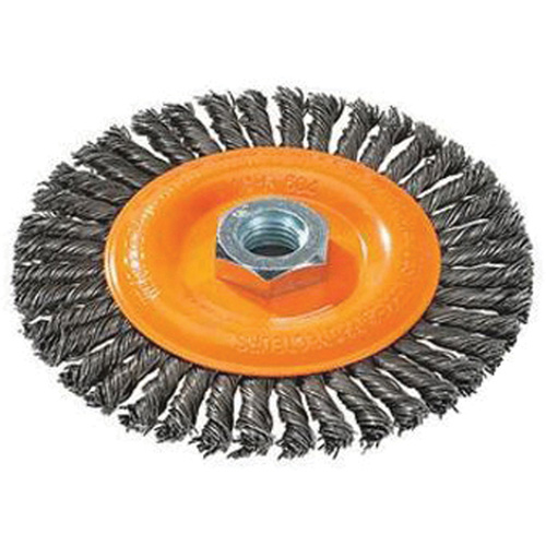 Stringer Bead Knotted Wire Brush, 4" Dia., 0.02" Fill, 5/8"-11 Arbor, Steel Mukwa Safety Services