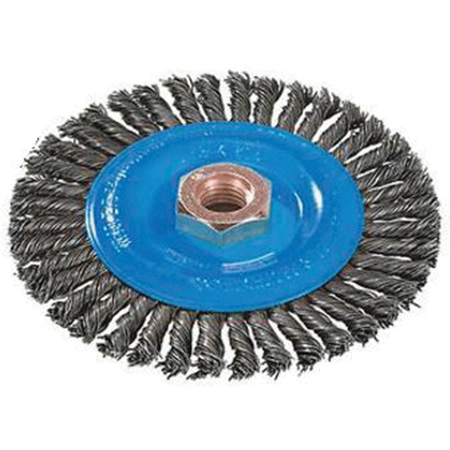 Stringer Bead Knotted Wire Brush, 4" Dia., 0.02" Fill, 5/8"-11 Arbor, Aluminum/Stainless Steel Mukwa Safety Services