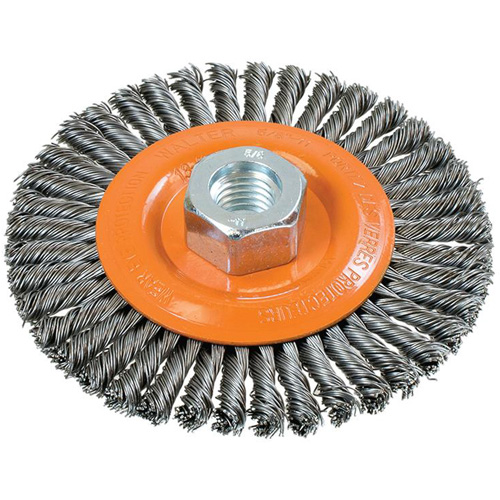 Stringer Bead Knotted Wire Brush, 4-1/2" Dia., 0.02" Fill, 5/8"-11 Arbor, Steel Mukwa Safety Services