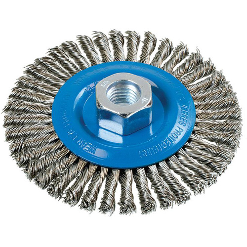 Stringer Bead Knotted Wire Brush, 4-1/2" Dia., 0.02" Fill, 5/8"-11 Arbor, Aluminum/Stainless Steel Mukwa Safety Services