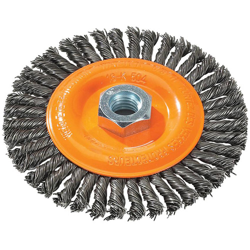 Stringer Bead Knotted Wire Brush, 5" Dia., 0.02" Fill, 5/8"-11 Arbor, Steel Mukwa Safety Services