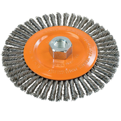 Brosse &agrave; fils nou&eacute;s pour cordons de soudure, Dia. 6", Fils 0,02", Arbre 5/8"-11, Acier Mukwa Safety Services