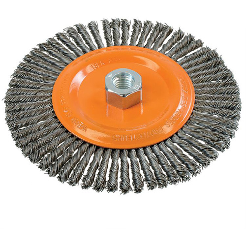 Stringer Bead Knotted Wire Brush, 6-7/8" Dia., 0.02" Fill, 5/8"-11 Arbor, Steel Mukwa Safety Services