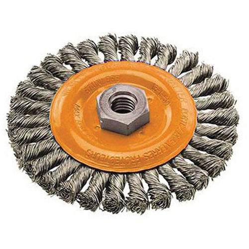 Wide Knotted Wire Wheel Brush, 4" Dia., 0.02" Fill, 5/8"-11 Arbor, Steel Mukwa Safety Services