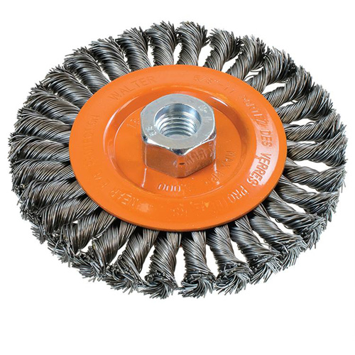 Brosse rotative &agrave; fils nou&eacute;s large, Dia. 5", Fils 0,02", Arbre 5/8"-11, Acier Mukwa Safety Services