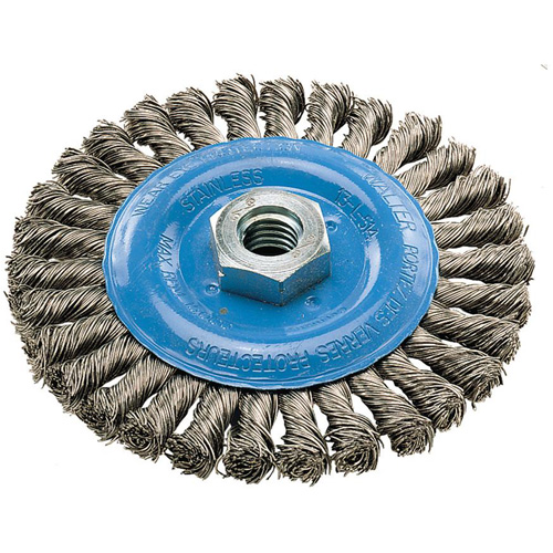 Wide Knotted Wire Wheel Brush, 5" Dia., 0.02" Fill, 5/8"-11 Arbor, Aluminum/Stainless Steel Mukwa Safety Services