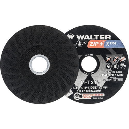 Meules &agrave; tronçonner renforc&eacute;es Zip+ pour meuleuse &agrave; angle droit, 4-1/2" x 1/16", Arbre de 7/8", Type 1, Alumine de zirconium, 13 300 Tr/min Mukwa Safety Services