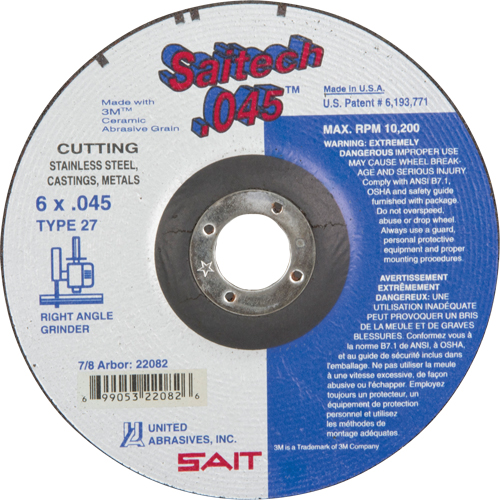Cut-Off Wheel, 6" x 0.045", 7/8" Arbor, Type 27, Aluminum Oxide/Ceramic, 10200 RPM Mukwa Safety Services