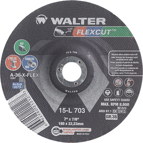 Meules &agrave; moyeu d&eacute;port&eacute; Flexcut, 7", 36 Grain, Oxyde d'aluminium, 7/8", 8600 Tr/min, Type 29 Mukwa Safety Services