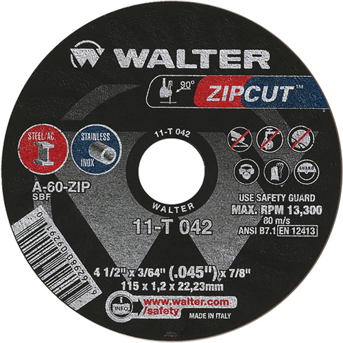 Meule &agrave; tronçonner Zipcut, 4-1/2" x 3/64", Arbre de 7/8", Type 1, Oxyde d'aluminium, 13 300 Tr/min Mukwa Safety Services