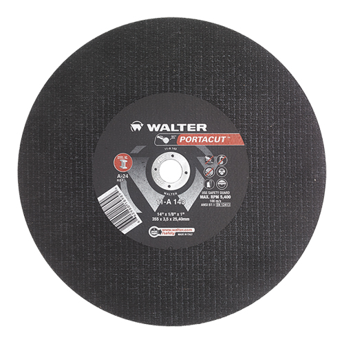 Meule &agrave; tronçonner rapide en acier inoxydable Portacut, 14" x 1/8", Arbre de 1", Type 1, Oxyde d'aluminium, 5400 Tr/min Mukwa Safety Services