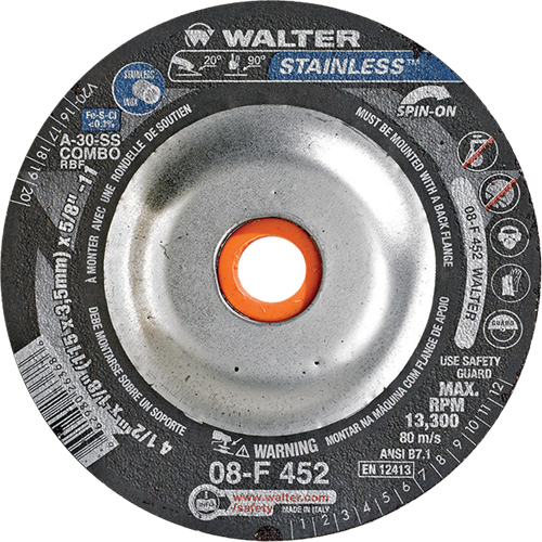 Meules &agrave; moyeu d&eacute;port&eacute; - Acier inoxydable type 27, 4-1/2" x 1/8", Arbre de 5/8"-11, Type 27S Mukwa Safety Services