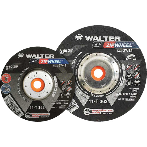Meules &agrave; tronçonner renforc&eacute;es Zipcut vissables pour scies circulaires, 5" x 7/8", Arbre de 5/8"-11, Type 27, Oxyde d'aluminium, 12 200 Tr/min Mukwa Safety Services