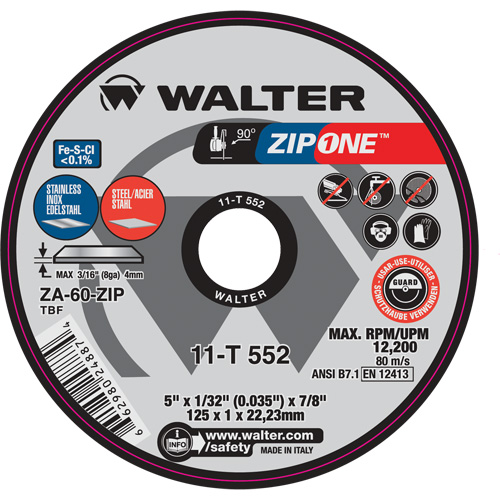 Meule &agrave; tronçonner Zip One, 5" x 1/32", Arbre de 7/8", Type 1, Alumine de zirconium, 12 200 Tr/min Mukwa Safety Services