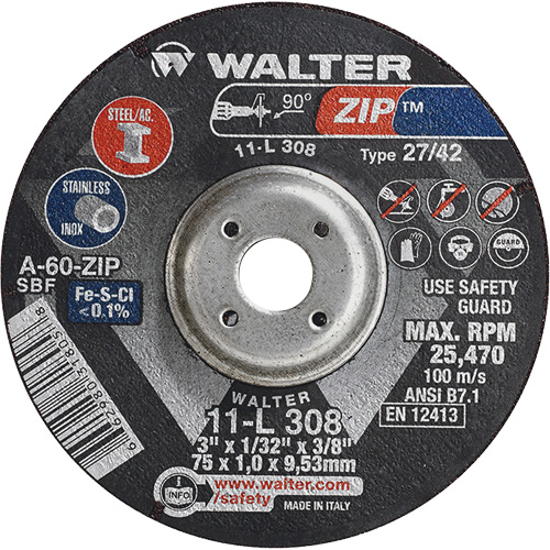 Disque de meulage et de tronçonnage Zip, 3" x 1/13", Arbre de 3/8", Type 27, Grain de 60, Oxyde d'aluminium Mukwa Safety Services