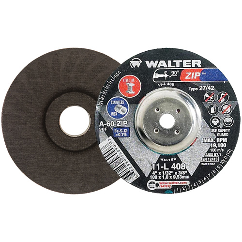 Disque de meulage et de tronçonnage Zip, 4" x 1/32", Arbre de 3/8", Type 27, Grain de 60, Oxyde d'aluminium Mukwa Safety Services
