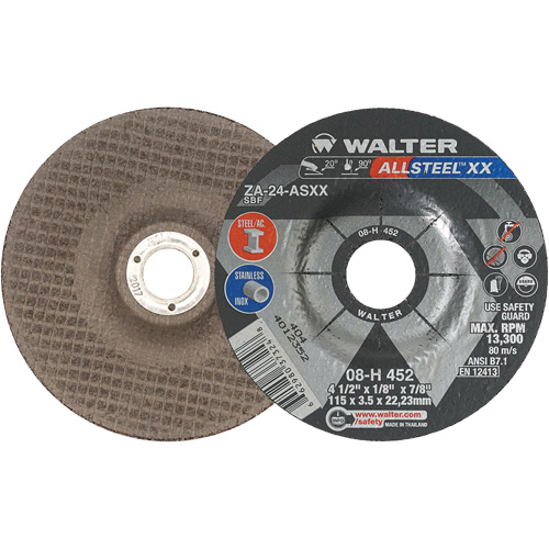 Depressed Centre Grinding Wheels - Allsteel XX, 4-1/2" x 1/8", 7/8" Arbor, Type 27, Zirconia Alumina, 13300 RPM Mukwa Safety Services
