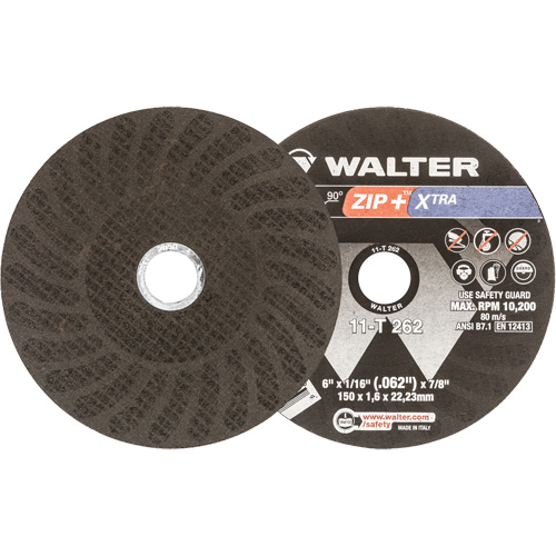 Meules &agrave; tronçonner renforc&eacute;es Zip+ pour meuleuse &agrave; angle droit, 6" x 1/16", Arbre de 7/8", Type 1, Oxyde d'aluminium, 10 200 Tr/min Mukwa Safety Services