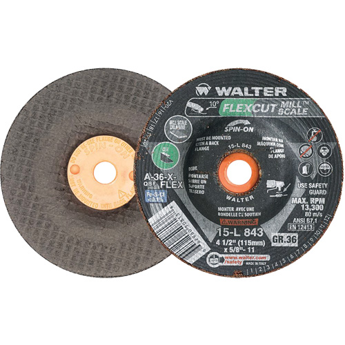Meule FLEXCUT MILL SCALE, 4-1/2", 36 Grain, Oxyde d'aluminium, 5/8"-11, 13 300 Tr/min, Type 29 Mukwa Safety Services