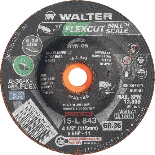 Meule FLEXCUT MILL SCALE, 4-1/2", 36 Grain, Oxyde d'aluminium, 5/8"-11, 13 300 Tr/min, Type 29 Mukwa Safety Services