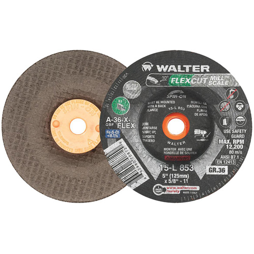 Meule FLEXCUT MILL SCALE, 5", 36 Grain, Oxyde d'aluminium, 5/8"-11, 12 200 Tr/min, Type 29 Mukwa Safety Services