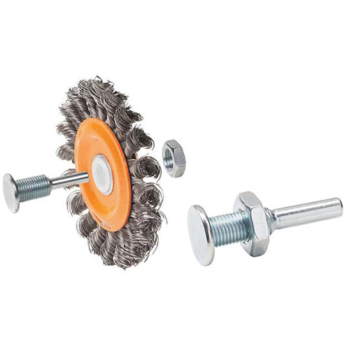 Reversible Mounted Knot-Twisted Wire Wheel, 3" Dia., 0.0118" Fill, 1/2" Arbor, Steel Mukwa Safety Services