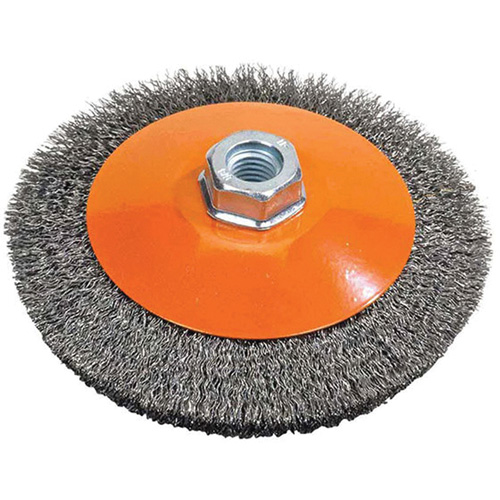 Saucer Crimped Wire Wheel, 4" Dia., 0.012" Fill, 5/8"-11 Arbor Mukwa Safety Services