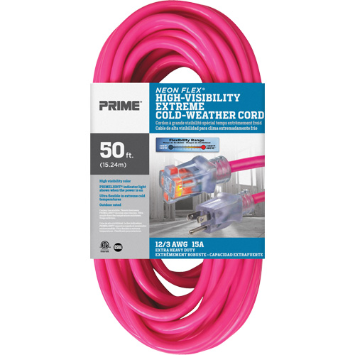 Cordon rallonge haute visibilit&eacute; Neon Flex, Ext&eacute;rieur, SJTW, AWG 12/3, 15 A, 50' Mukwa Safety Services