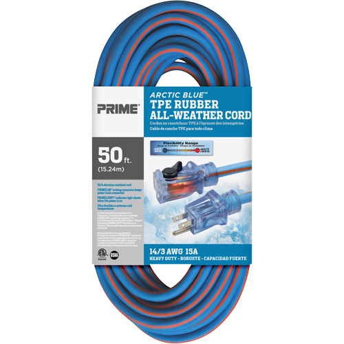Cordon rallonge Arctic Blue, Toutes saisons, SJEOW, AWG 14/3, 15 A, 50' Mukwa Safety Services