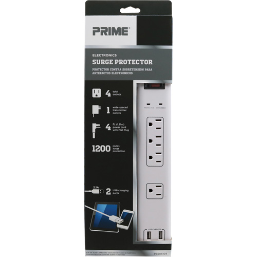 Limiteurs de surtension avec chargeur USB, 4 Prises, 1200 J, 1875 W, Cordon 4' Mukwa Safety Services