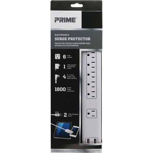 Limiteurs de surtension avec chargeur USB, 6 Prises, 1800 J, 1875 W, Cordon 4' Mukwa Safety Services