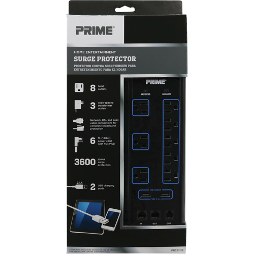 Limiteurs de surtension avec chargeur USB, 8 Prises, 3600 J, 1875 W, Cordon 6' Mukwa Safety Services