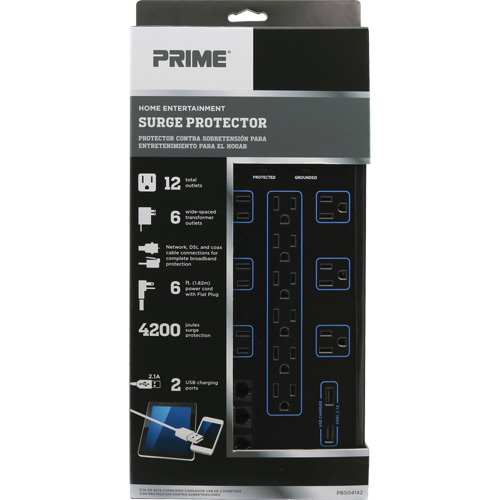 USB Charging Surge Protectors, 12 Outlets, 4200 J, 1875 W, 6' Cord Mukwa Safety Services