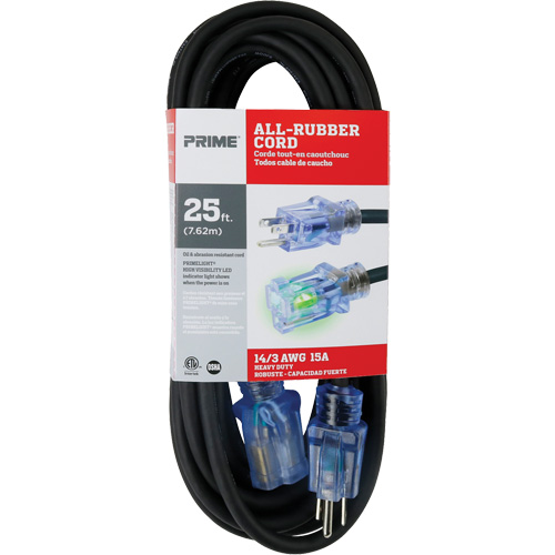 All-Rubber Extension Cord, Outdoor, SJOOW, 14/3 AWG, 15 A, 25' Mukwa Safety Services