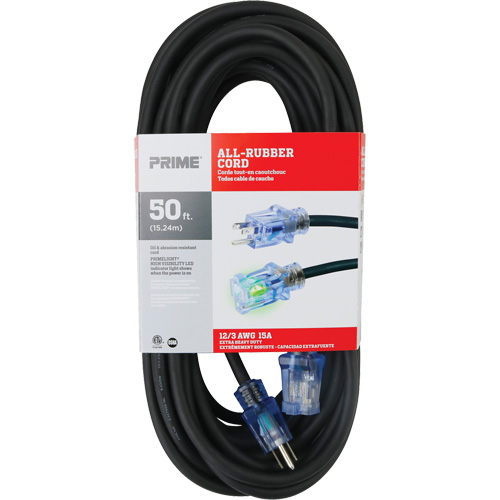 All-Rubber Extension Cord, Outdoor, SJOOW, 12/3 AWG, 15 A, 50' Mukwa Safety Services