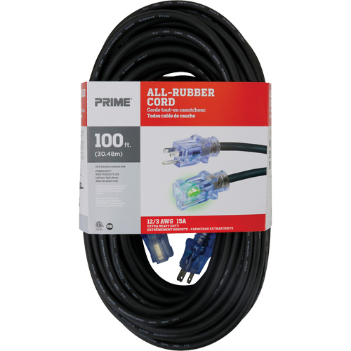 All-Rubber Extension Cord, Outdoor, SJOOW, 12/3 AWG, 15 A, 100' Mukwa Safety Services