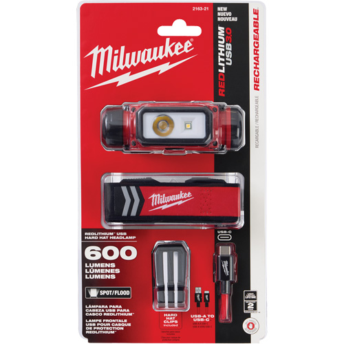 REDLITHIUM USB Hardhat Headlamp, LED, 600 Lumens, 5 Hrs. Run Time, Rechargeable Batteries Mukwa Safety Services