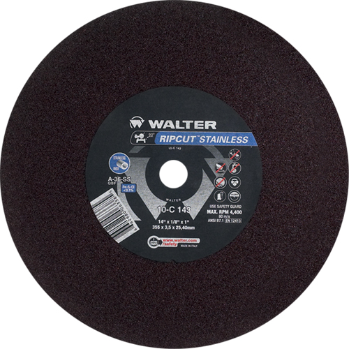 Ripcut Stainless Steel Cut-Off Wheel for Stationary Saws, 14" x 1/8", 1" Arbor, Type 1, Aluminum Oxide, 4400 RPM Mukwa Safety Services