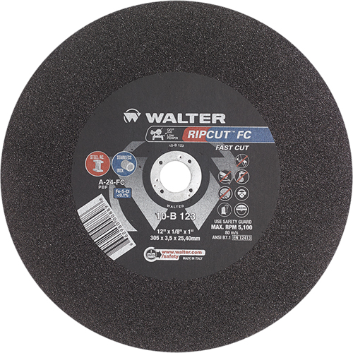 Ripcut Stainless Steel & Steel Cut-Off Wheel for Stationary Saws, 18" x 3/16", 1" Arbor, Type 1, Aluminum Oxide, 3400 RPM Mukwa Safety Services